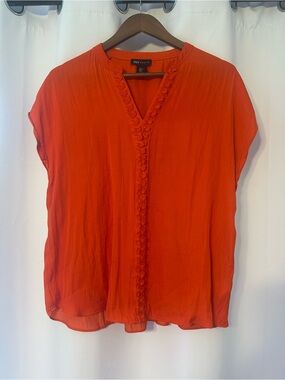 JNY Orange Short-Sleeve V-Neck Blouse with Front Trim